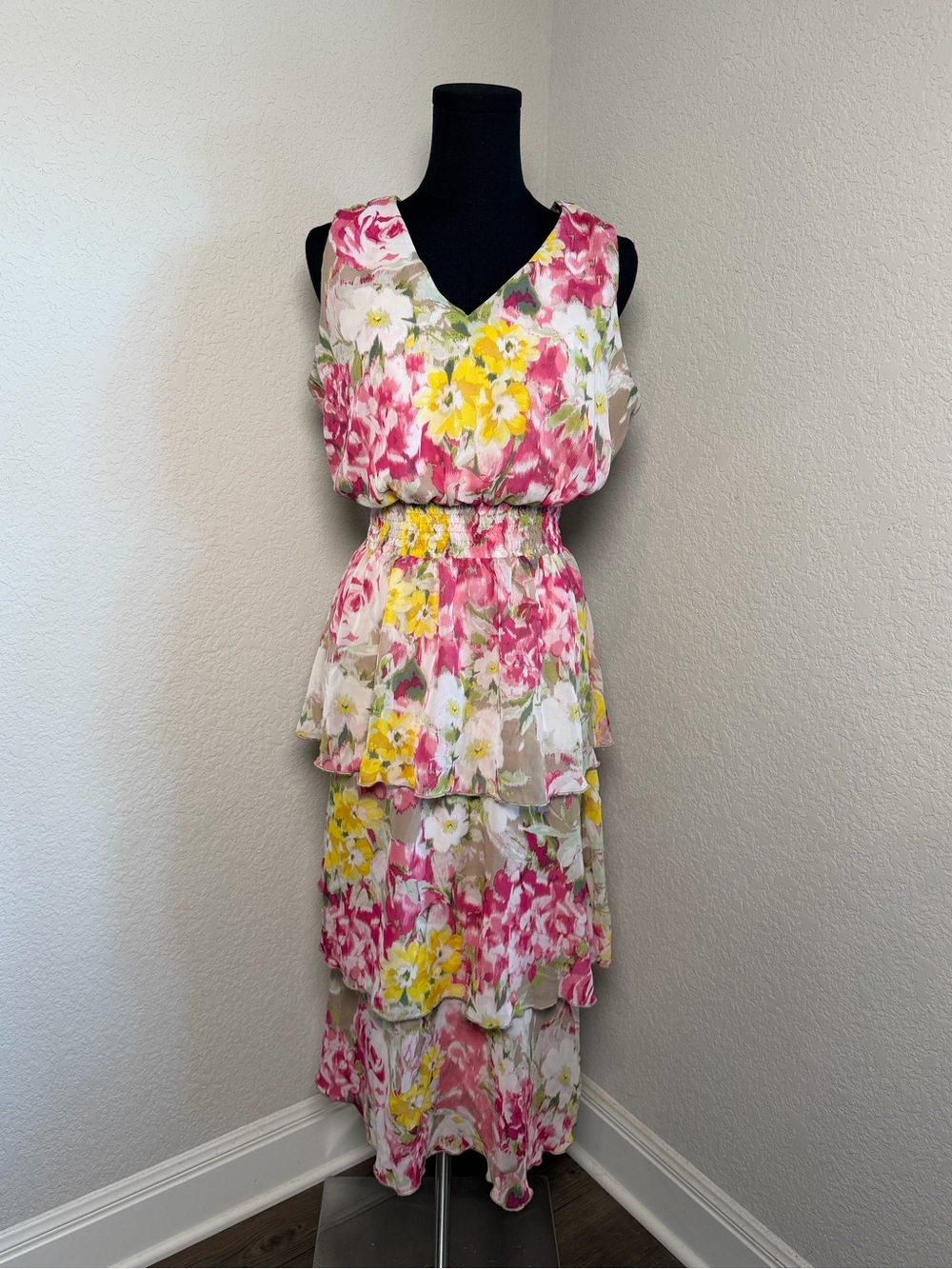 Enfocus Studio Pink, Yellow and Cream Tiered Floral Maxi Dress